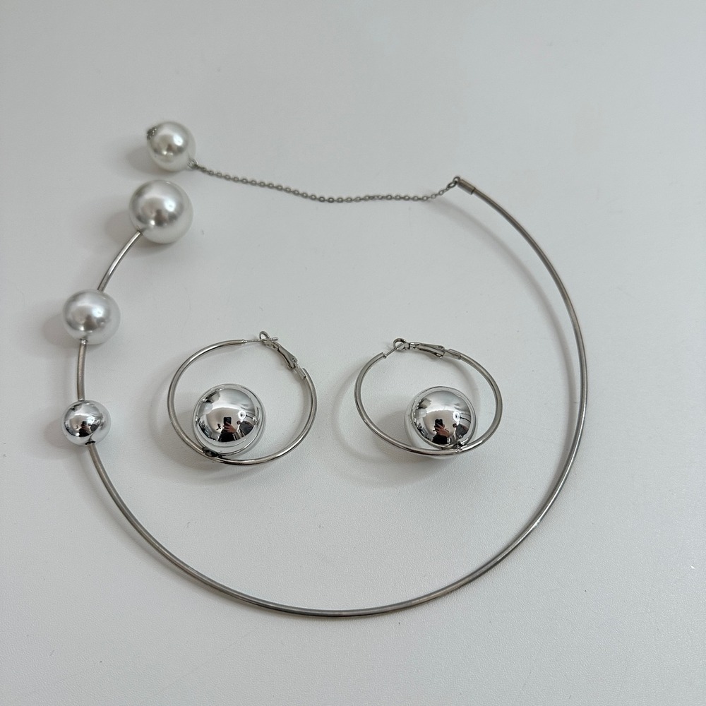 Fashion Jewelry Silver Tone Circle Collar Necklace Hoop Earrings Pearl Set